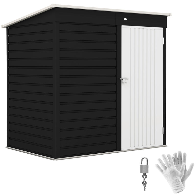 Dark grey 6x4ft Outsunny metal garden shed with pent roof, white door, padlock and gloves