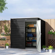 6x4ft dark grey metal shed on a patio with its door open showing shelved storage