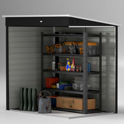 Cutaway view inside the 6x4ft shed showing shelving, boots and a watering can