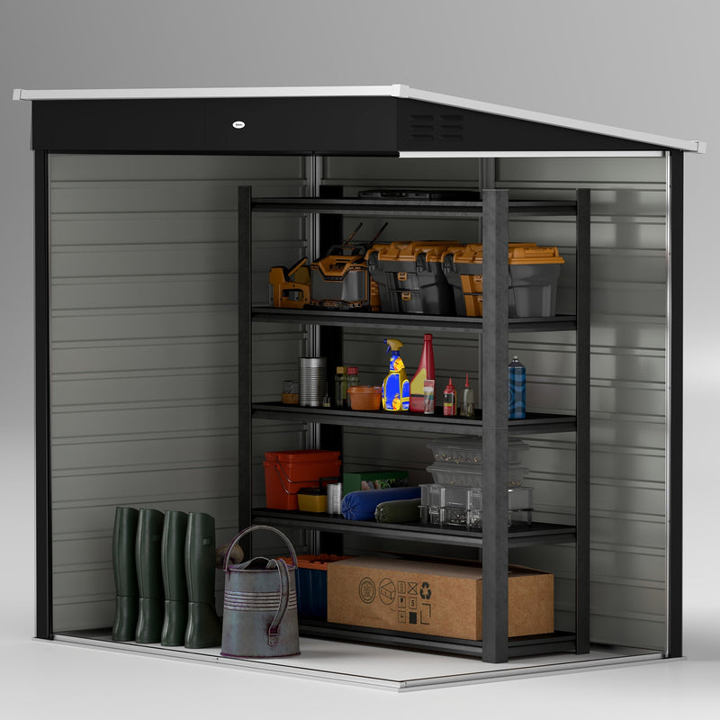 Cutaway view inside the 6x4ft shed showing shelving, boots and a watering can