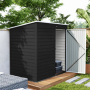 Dark grey metal shed with the single door open, showing storage boxes inside