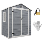 Grey Outsunny 6x4ft plastic garden shed with double doors, shown with a padlock, keys and gloves