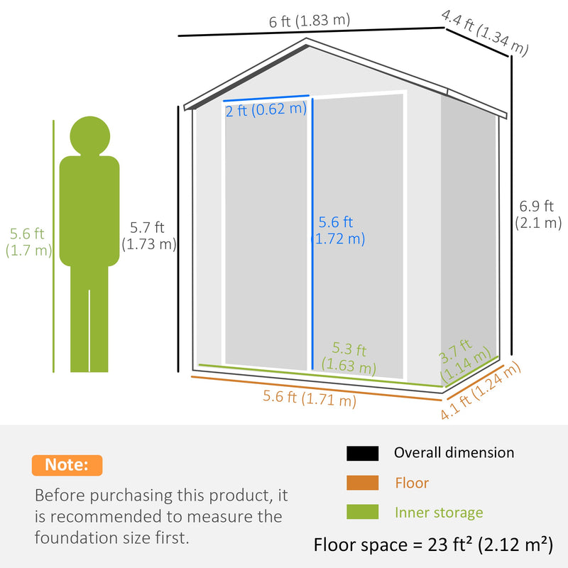Dimension diagram showing the shed at 183 cm wide, 134 cm deep and 210 cm tall