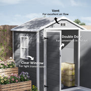 Shed labelled with its gable vent, double doors and clear side window