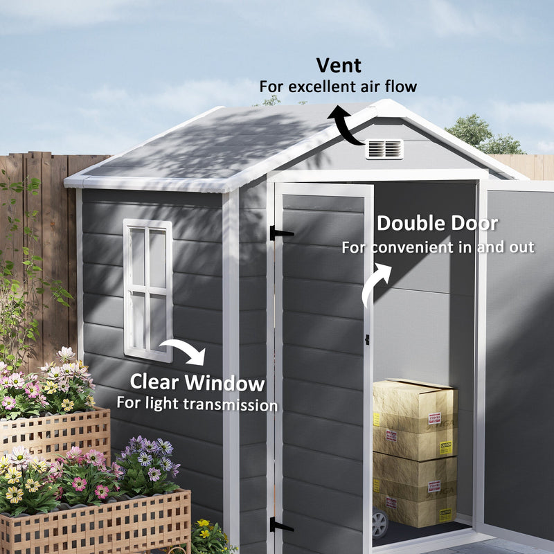 Shed labelled with its gable vent, double doors and clear side window
