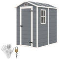 Grey 4x6ft Outsunny plastic garden shed with apex roof, side window, padlock and gloves