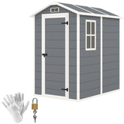 Grey 4x6ft Outsunny plastic garden shed with apex roof, side window, padlock and gloves