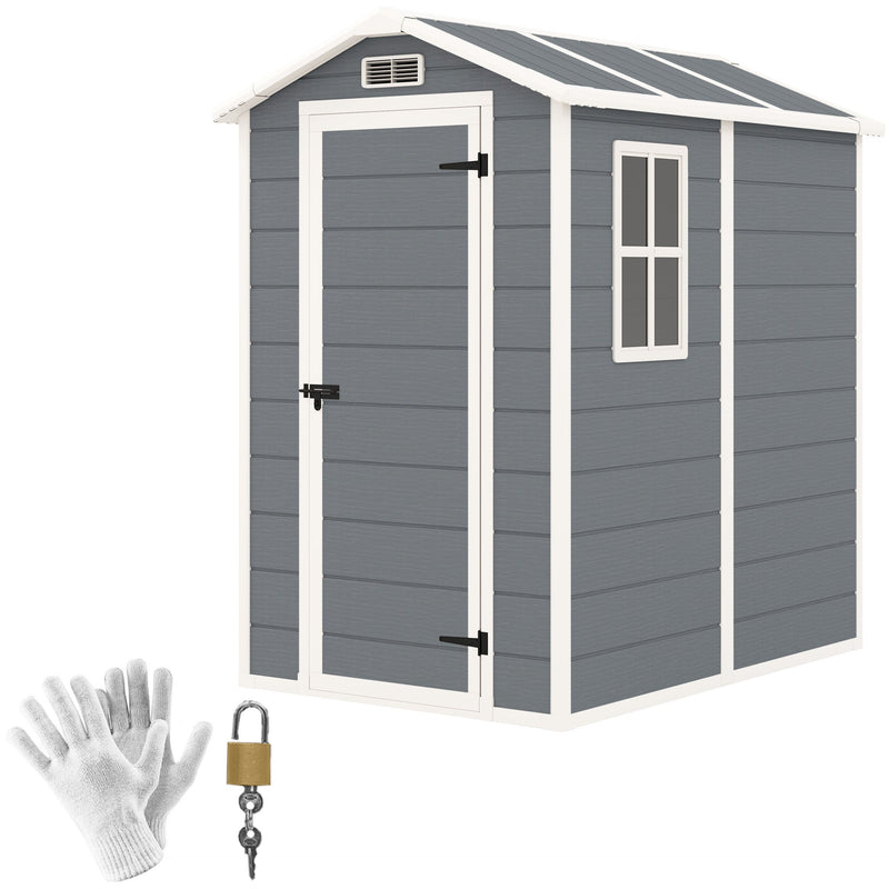Grey 4x6ft Outsunny plastic garden shed with apex roof, side window, padlock and gloves