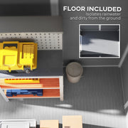 Feature panel showing the built-in floor that keeps rainwater and dirt off stored items