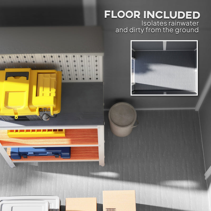Feature panel showing the built-in floor that keeps rainwater and dirt off stored items