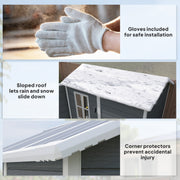 Feature panel showing the included gloves, snow sliding off the sloped roof and corner protectors