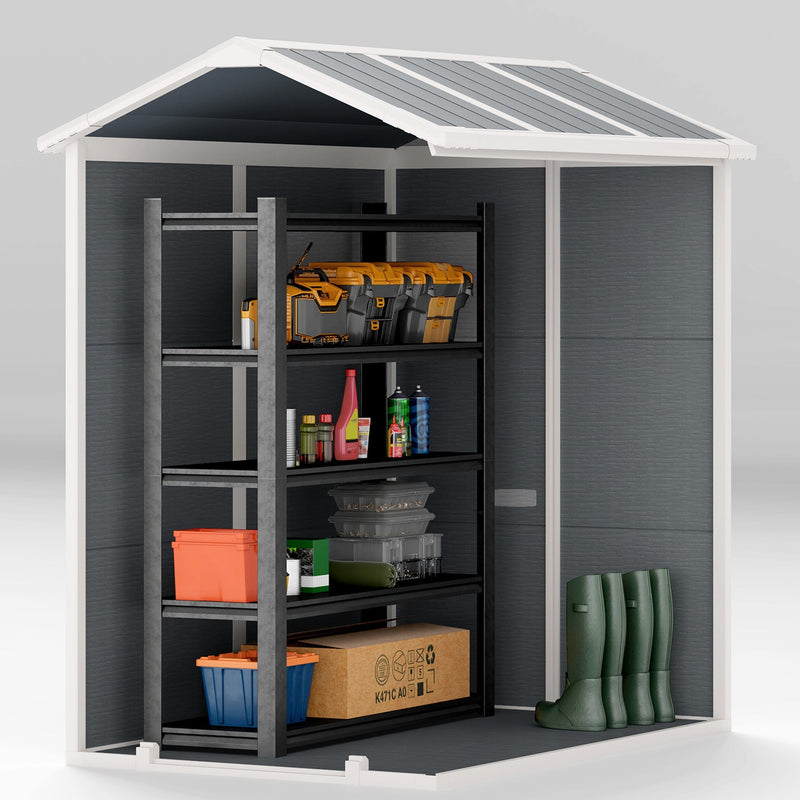 Cut-away view of the shed interior staged with shelving, storage boxes and wellington boots