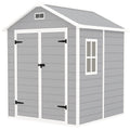 Light grey 6x5ft Outsunny plastic garden shed with apex roof, double doors and front window