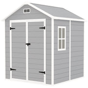 Light grey 6x5ft Outsunny plastic garden shed with apex roof, double doors and front window