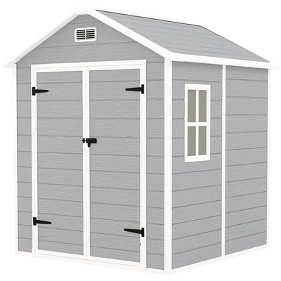 Light grey 6x5ft Outsunny plastic garden shed with apex roof, double doors and front window