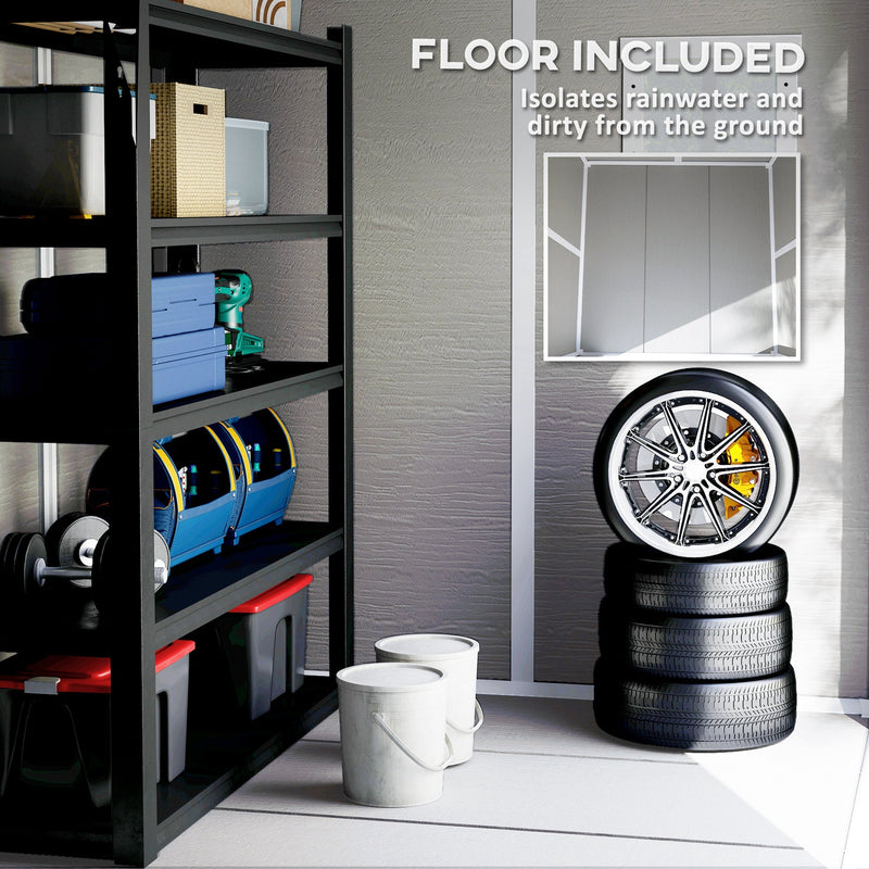 Feature panel showing the built-in floor that keeps rainwater and dirt off stored items