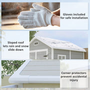 Feature panel showing the included gloves and snow sliding off the sloped roof