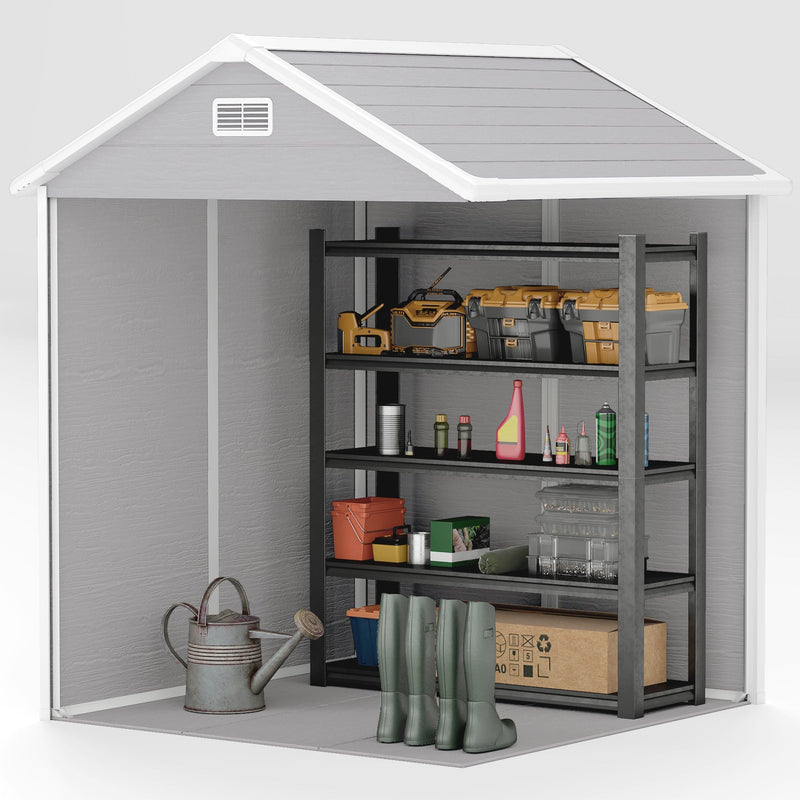 View inside the shed showing the apex roof, gable vent and shelving against the wall