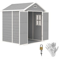 6x5ft Outsunny plastic garden shed with double doors open, shown with a padlock and gloves