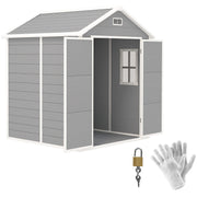 6x5ft Outsunny plastic garden shed with double doors open, shown with a padlock and gloves