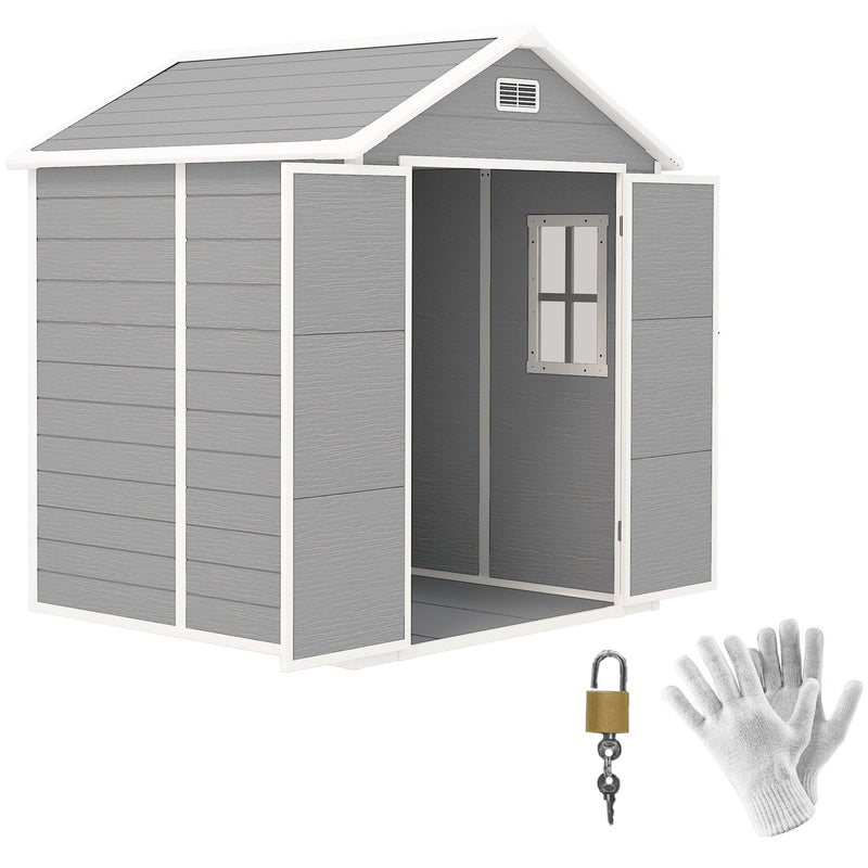 6x5ft Outsunny plastic garden shed with double doors open, shown with a padlock and gloves