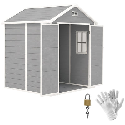 6x5ft Outsunny plastic garden shed with double doors open, shown with a padlock and gloves