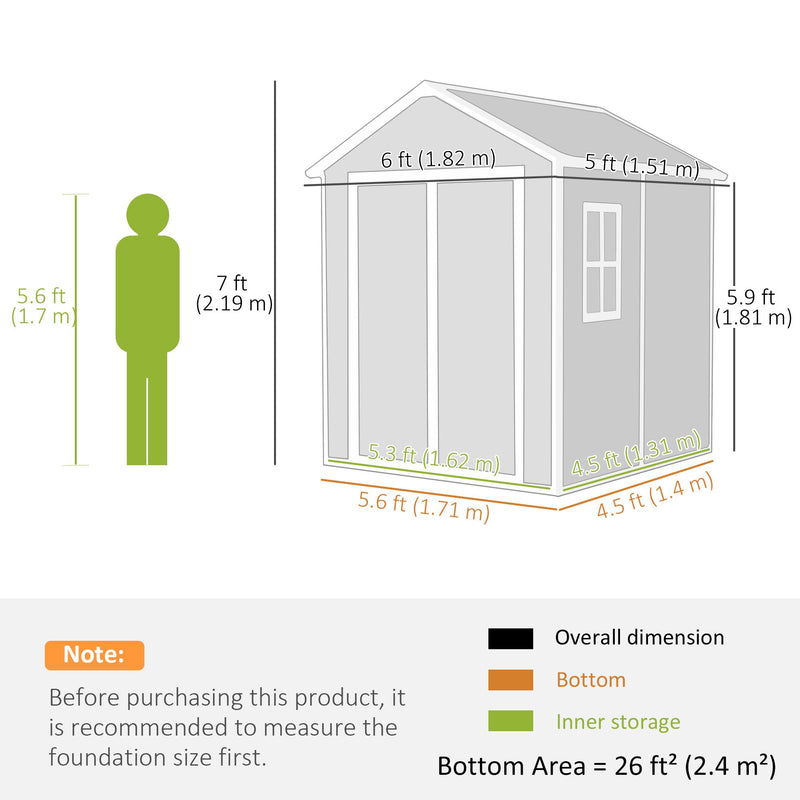 Dimension diagram of the 6x5ft shed showing a 182 x 151 cm footprint and 219 cm apex height