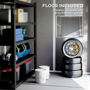 Shed interior with the built-in floor panel highlighted below shelving, tyres and buckets