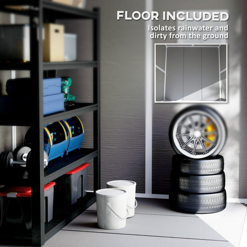 Shed interior with the built-in floor panel highlighted below shelving, tyres and buckets