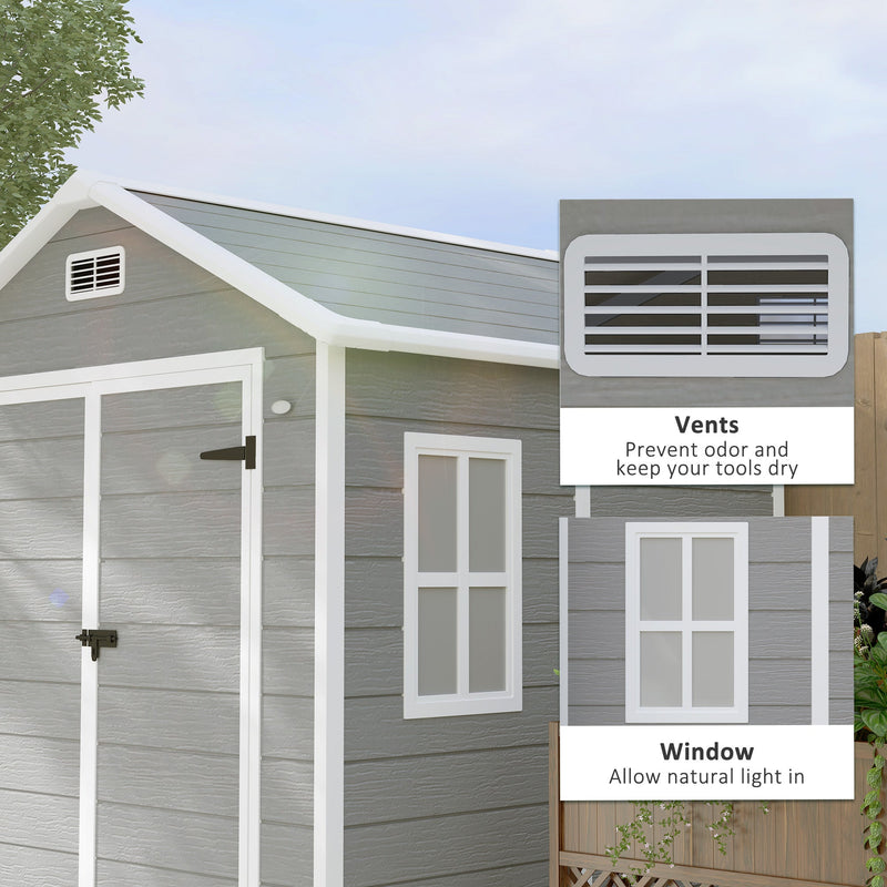 Side view of the shed with close-up insets of the louvred air vent and the clear window