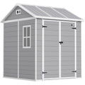 Grey 6x6ft Outsunny plastic garden shed with closed double doors and a side window