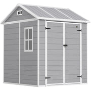 Grey 6x6ft Outsunny plastic garden shed with closed double doors and a side window