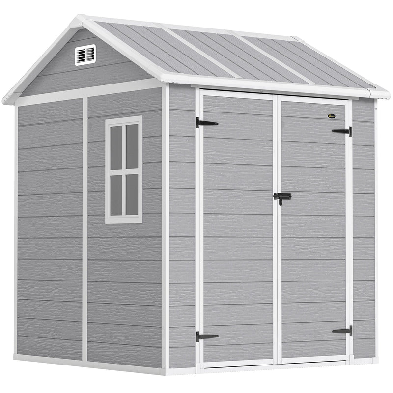 Grey 6x6ft Outsunny plastic garden shed with closed double doors and a side window