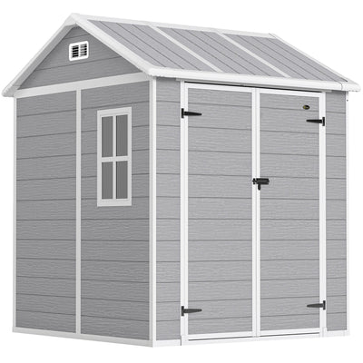 Grey 6x6ft Outsunny plastic garden shed with closed double doors and a side window