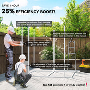 Two people assembling the shed frame with on-image tips on build order and safety
