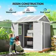 Apex shed labelled resin construction reinforced with aluminium, waterproof and rust-proof