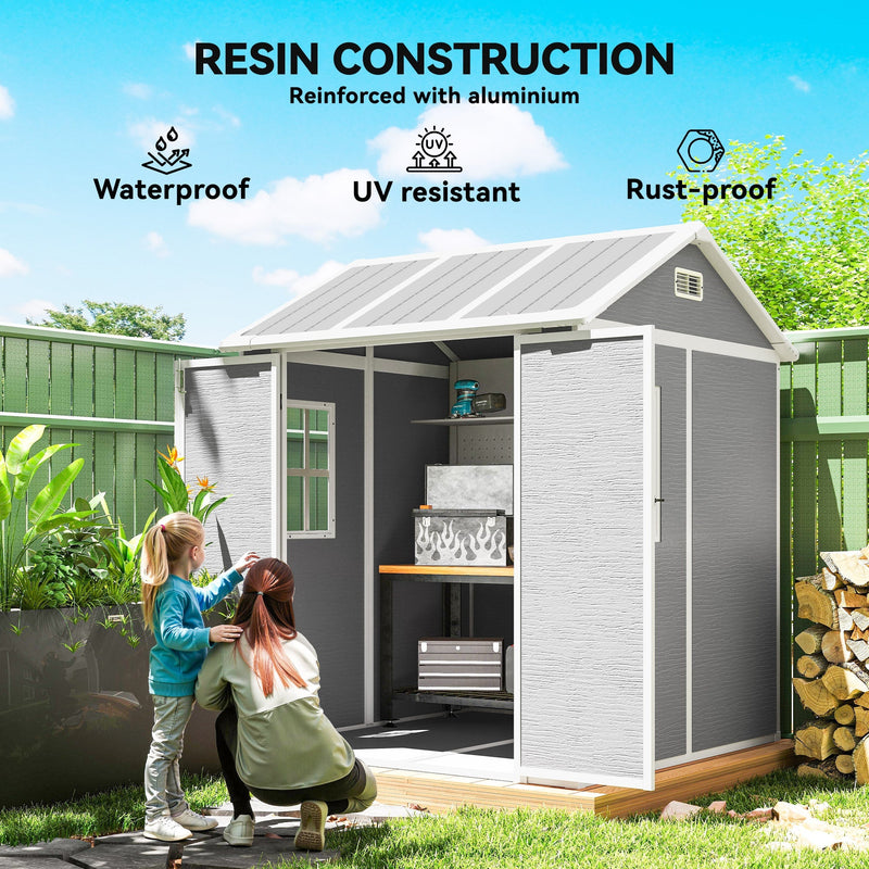 Apex shed labelled resin construction reinforced with aluminium, waterproof and rust-proof
