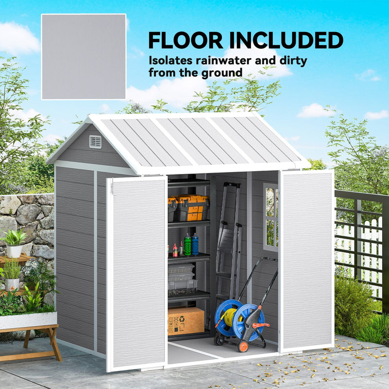 Shed shown with its floor panel highlighted, keeping rainwater and dirt off stored items