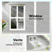 Close-up of the clear window set into the shed wall, letting natural light inside