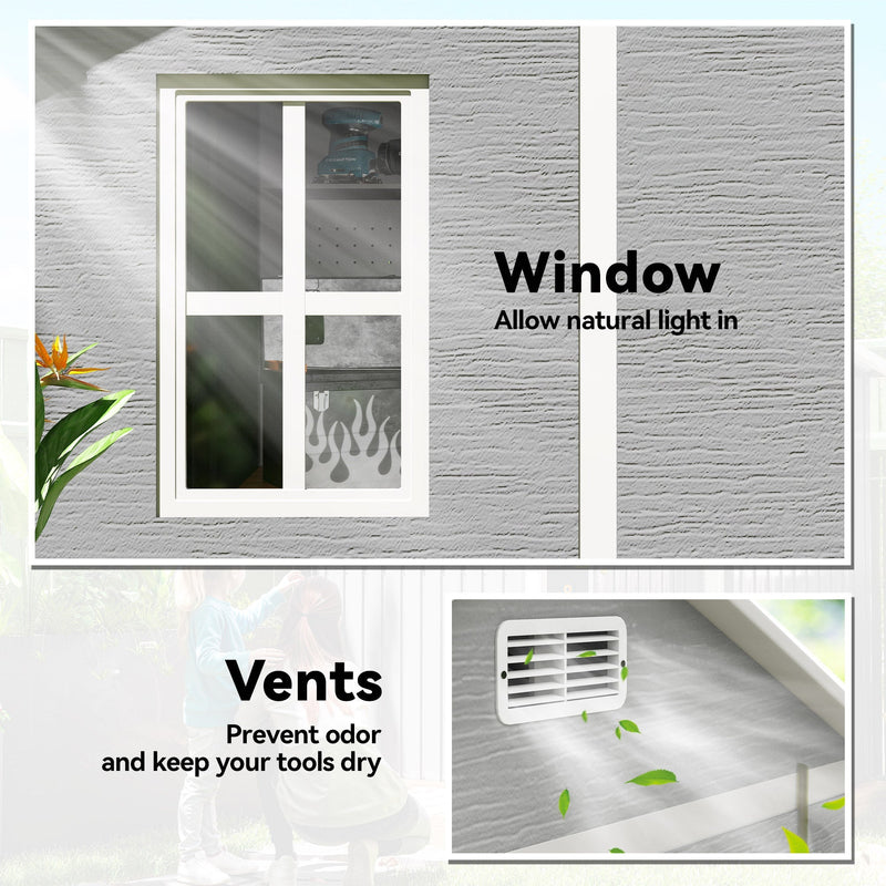 Close-up of the clear window set into the shed wall, letting natural light inside