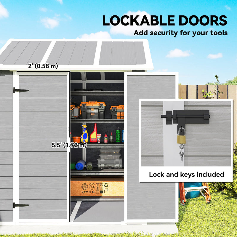 Lockable double doors labelled 2 ft (0.58 m) wide each, opened to show tools inside