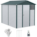 White and dark green 6x9ft Outsunny metal garden shed with apex roof, single lockable door and a clear side window, shown with gloves, 4 ground stakes and a padlock with keys