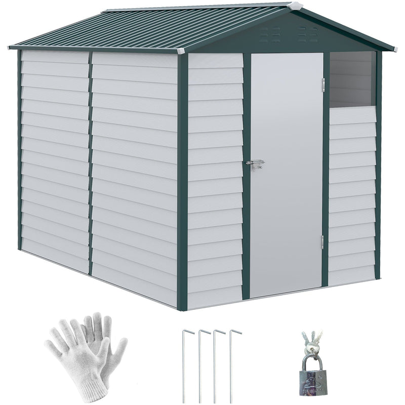 White and dark green 6x9ft Outsunny metal garden shed with apex roof, single lockable door and a clear side window, shown with gloves, 4 ground stakes and a padlock with keys