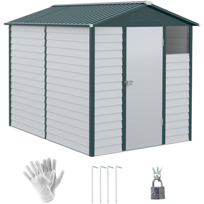 White and dark green 6x9ft Outsunny metal garden shed with apex roof, single lockable door and a clear side window, shown with gloves, 4 ground stakes and a padlock with keys