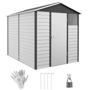 6x9ft metal shed shown with the included safety gloves, 4 ground stakes and padlock