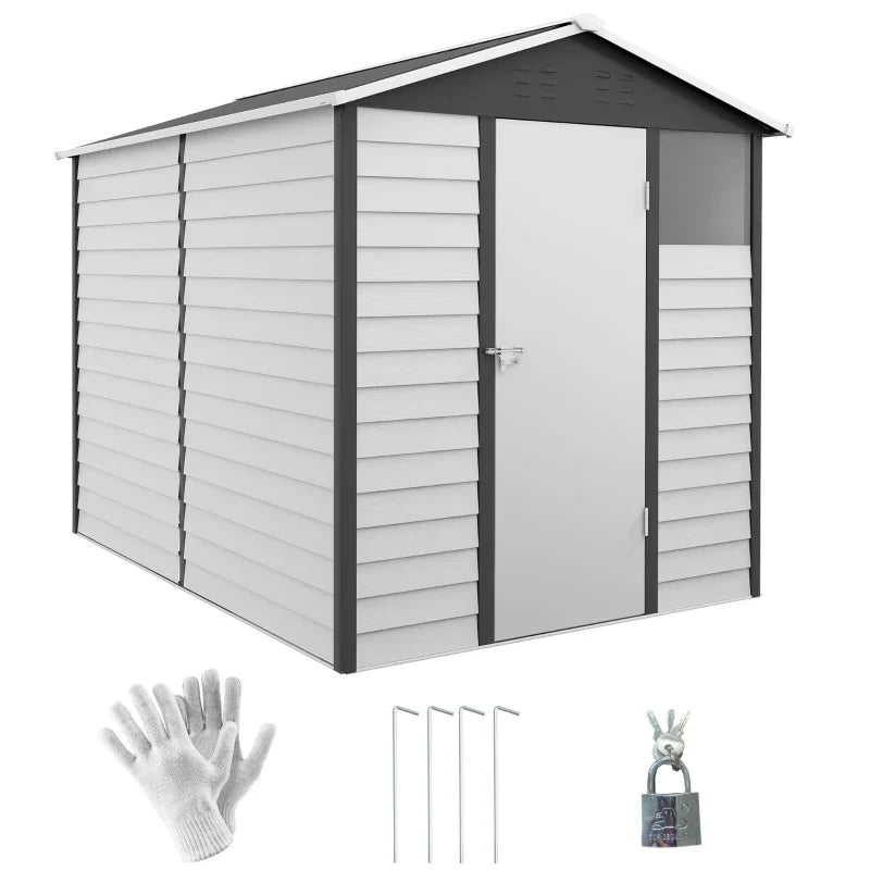 6x9ft metal shed shown with the included safety gloves, 4 ground stakes and padlock