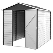 Metal garden shed with the hinged door open showing the empty interior