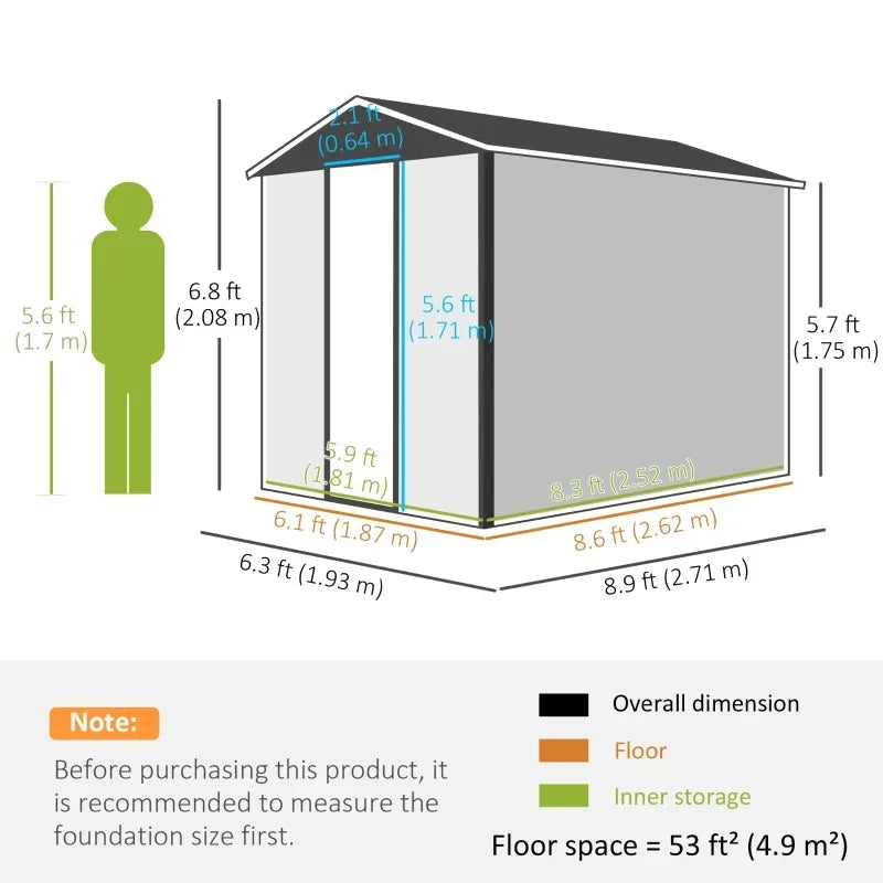 Dimension diagram showing the 6x9ft shed at 193 cm wide across the door wall, 271 cm deep and 208 cm high