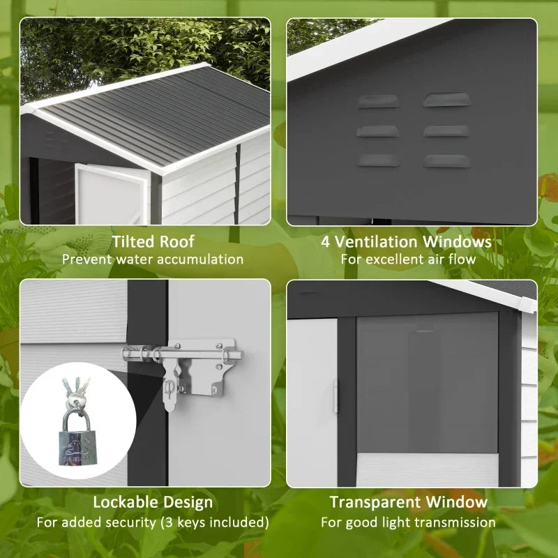 Feature panel showing the sloped roof, ventilation slots, padlock and clear window