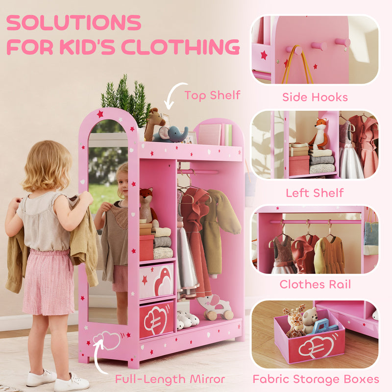 Kids Clothes Rail with Mirror Shelves and Fabric Storage for Bedroom and Nursery Pink AOSOM